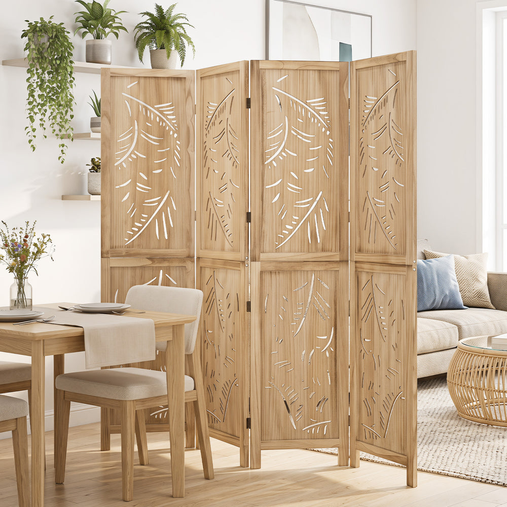 Four-panel wooden room divider with palm leaf design, crafted from lightweight paulownia for stylish home privacy.