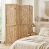 4-panel wooden room divider with palm leaf design, crafted from lightweight paulownia wood, ideal for home privacy.