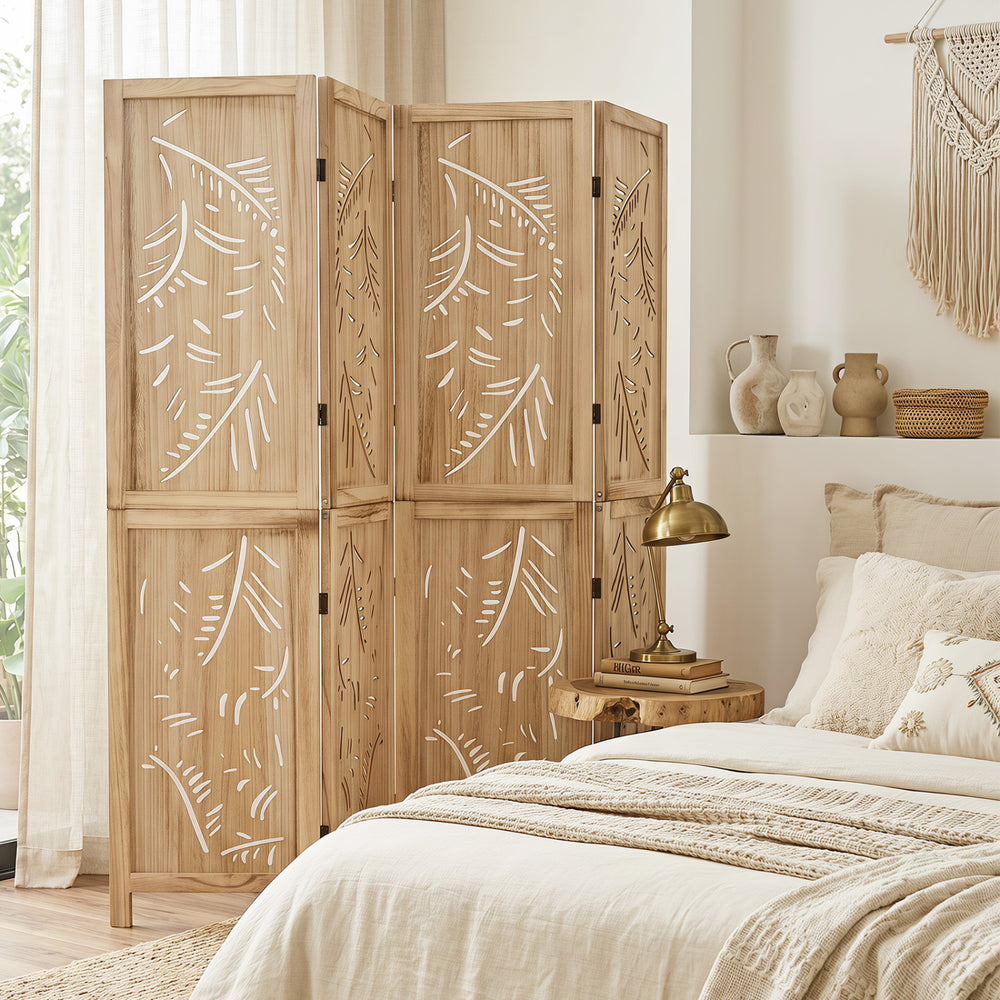 4-panel wooden room divider with palm leaf design, crafted from lightweight paulownia wood, ideal for home privacy.