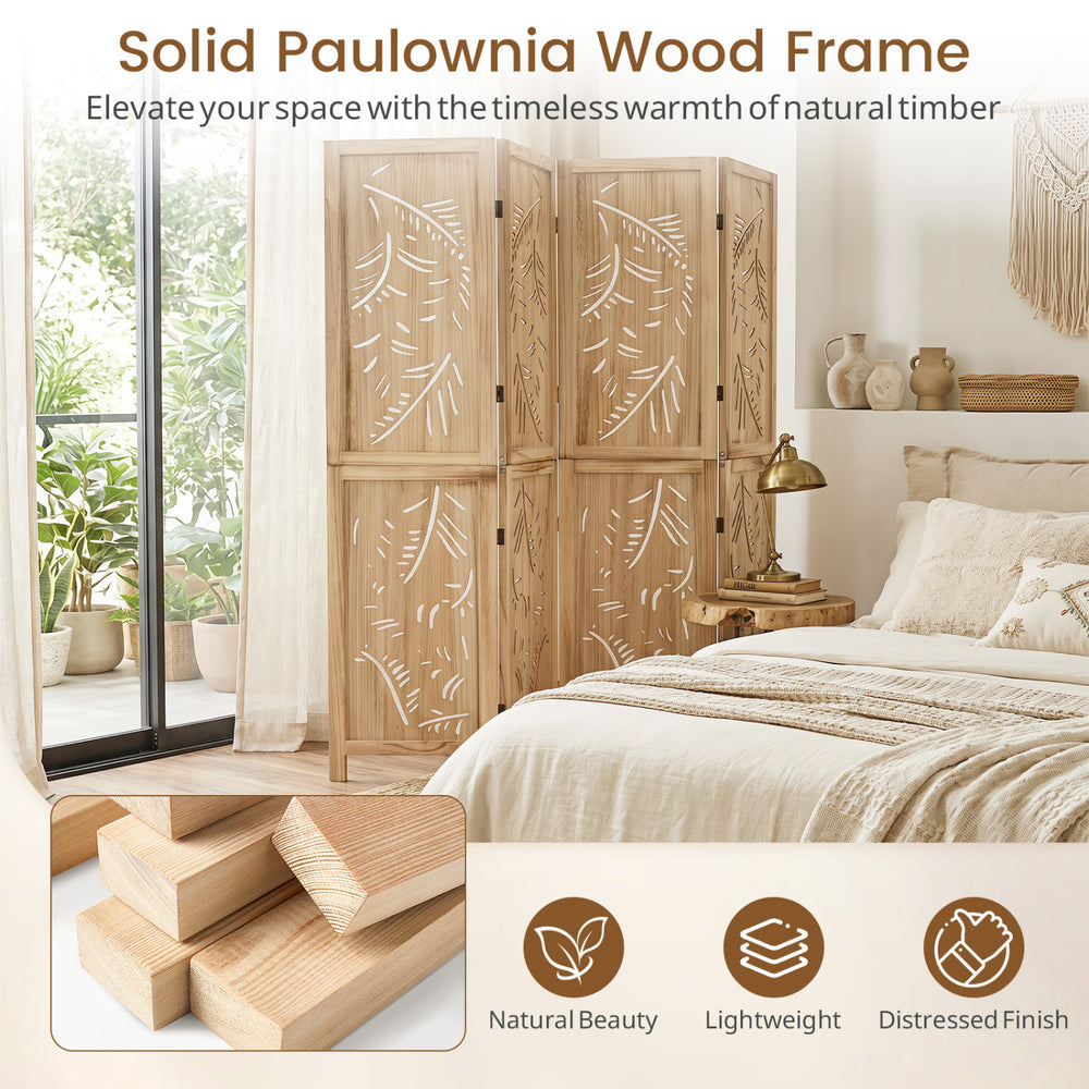 4-panel wooden room divider with palm leaf design, lightweight paulownia frame, perfect for creating privacy in any space.