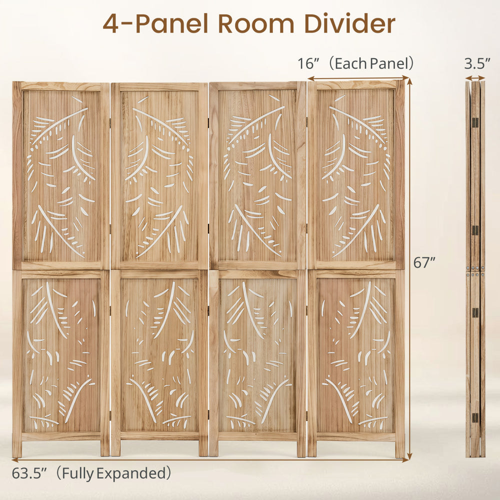 4-panel wooden room divider with palm leaf design, made of lightweight paulownia, ideal for creating privacy in any space.