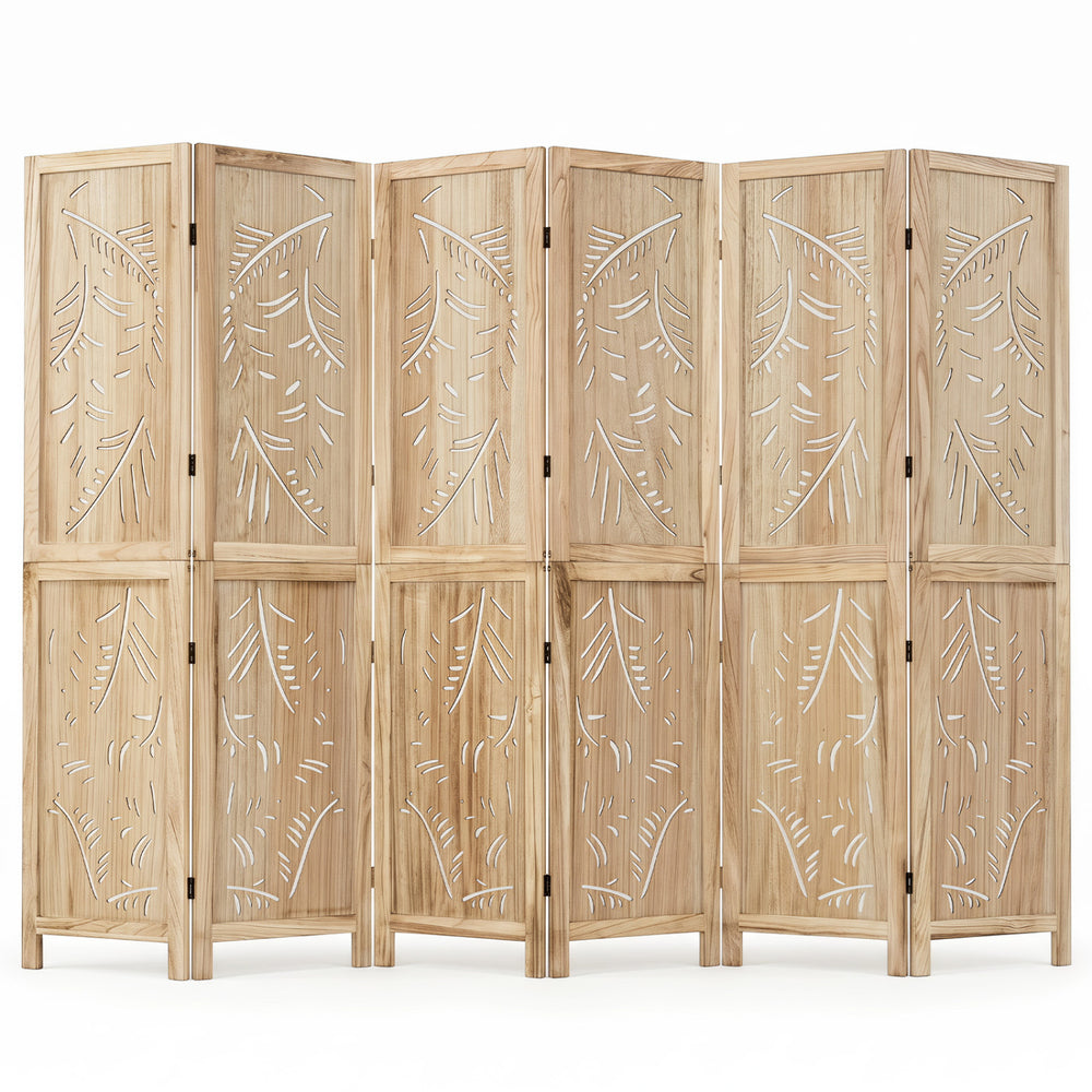 6-panel wooden room divider showcasing intricate palm leaf patterns, ideal for adding a tropical touch and flexible privacy.