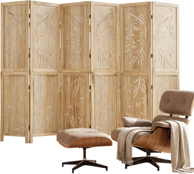 Costway 6-Panel Wooden Room Divider Palm Leaf Design Paulownia Frame 66172496 New