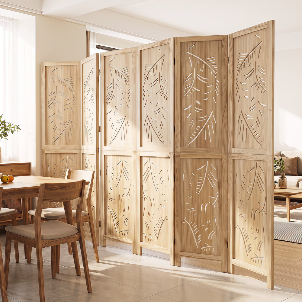 6-panel wooden room divider with palm leaf design, crafted from lightweight paulownia wood for versatile home use.