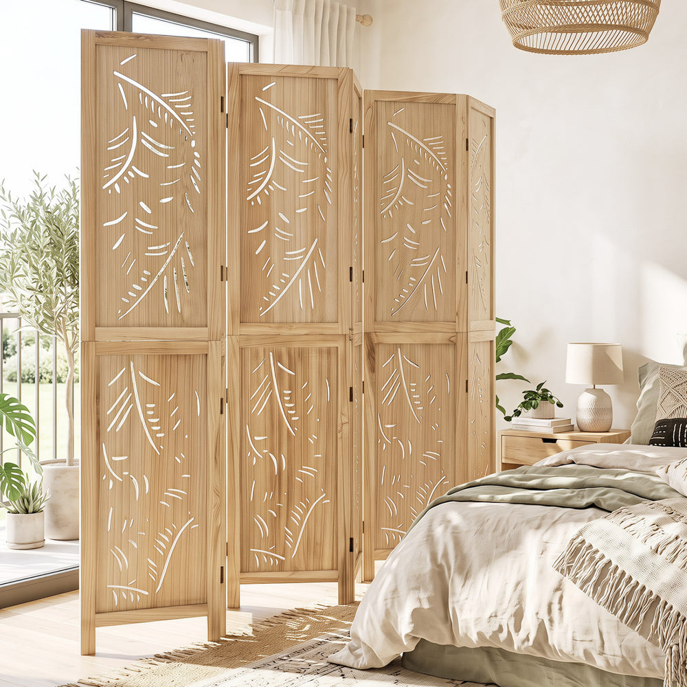 6-panel wooden room divider with palm leaf design, crafted from lightweight paulownia wood for stylish privacy in any space.