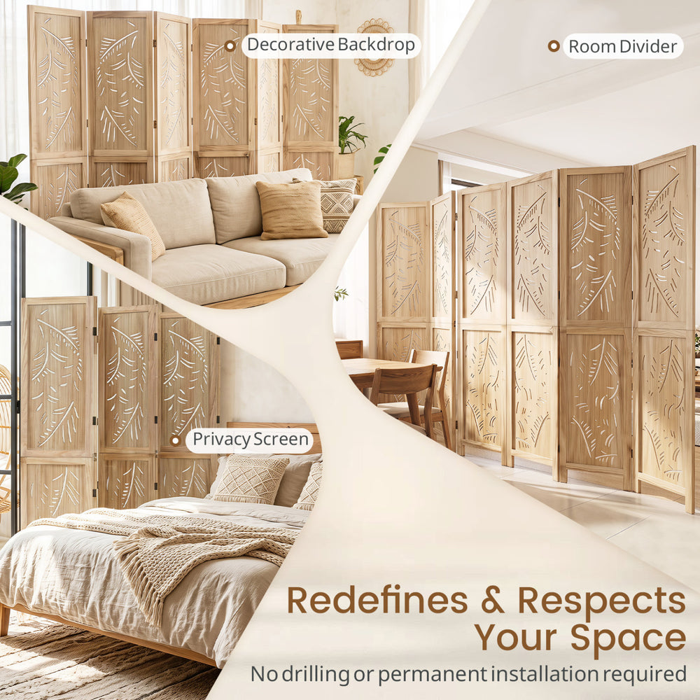 6-panel wooden room divider with palm leaf design, lightweight paulownia frame, ideal for privacy and decorative use.