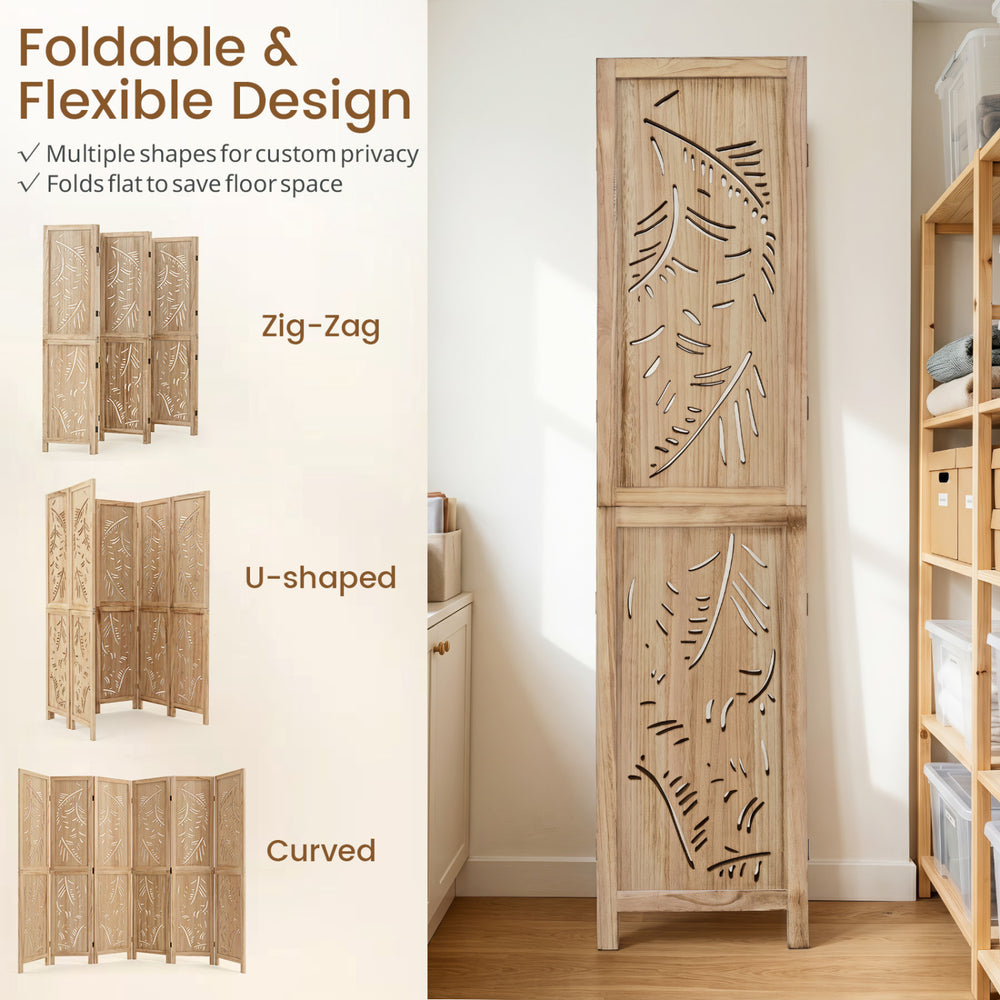 6-panel wooden room divider with palm leaf design, featuring a lightweight paulownia frame for versatile privacy solutions.