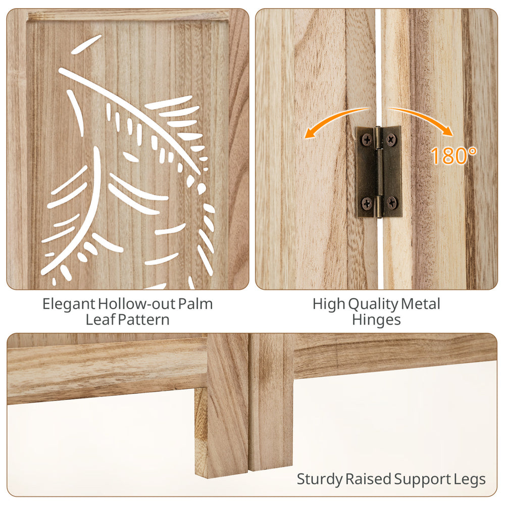Close-up of the 6-panel wooden room divider featuring a palm leaf design and sturdy raised support legs for stability.