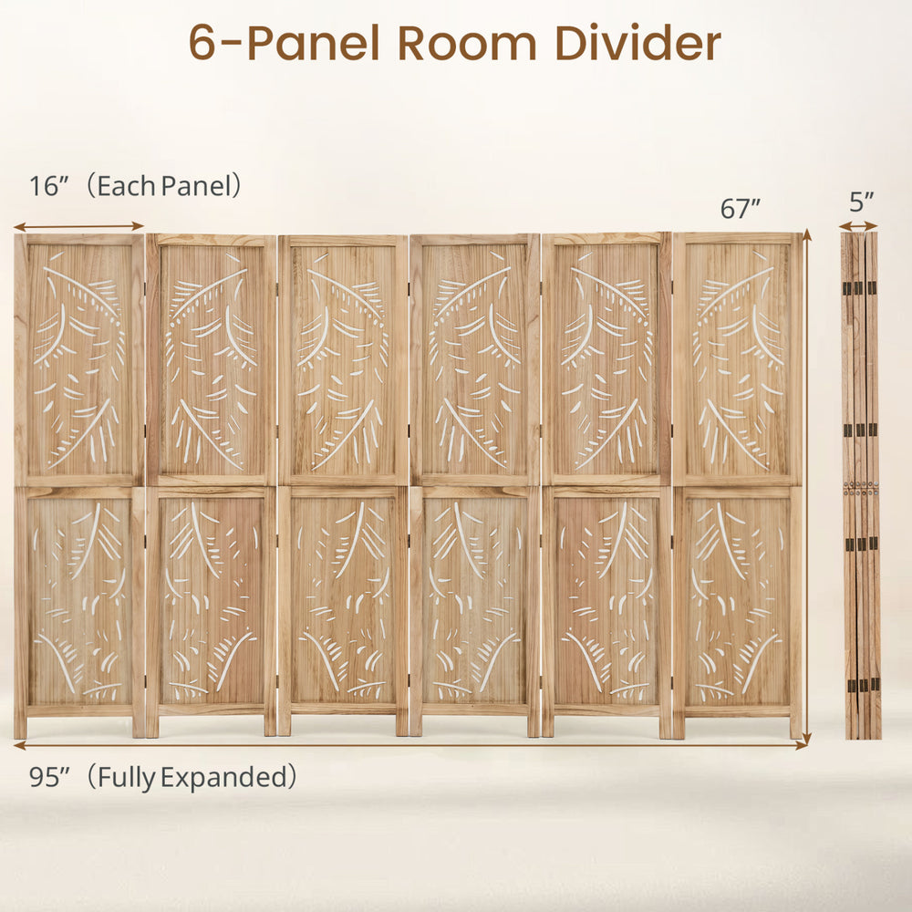 6-panel wooden room divider with palm leaf design, made of lightweight paulownia wood, ideal for creating privacy in homes.