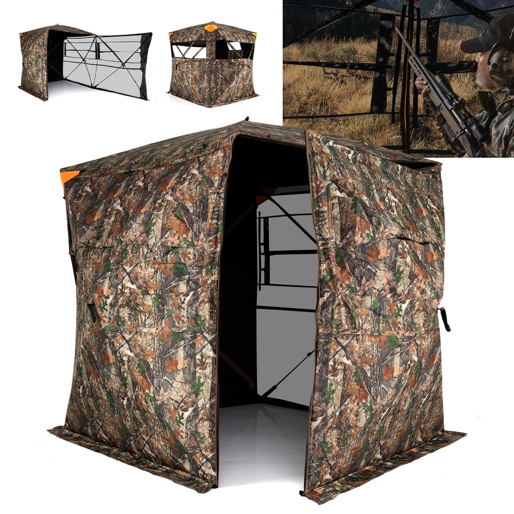 3-4 person hunting blind with 270° see-through design, camouflage pattern, and full-open swing door for easy access.