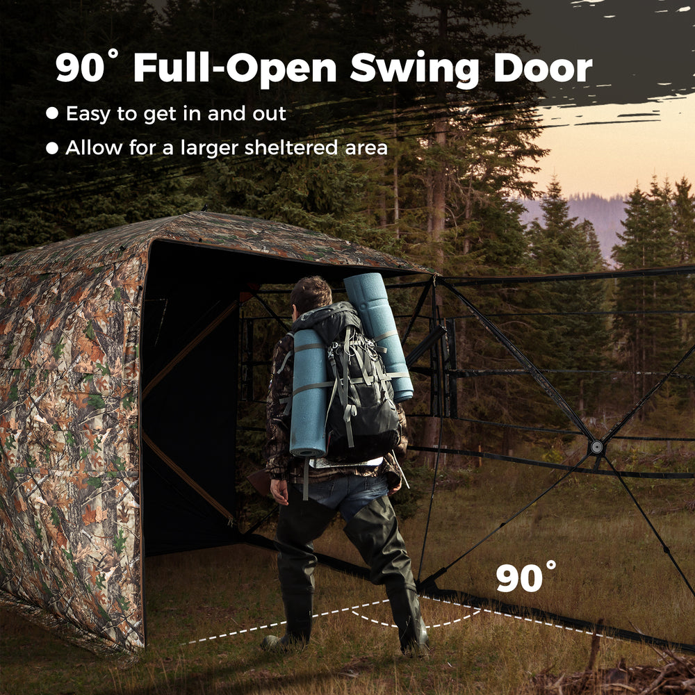 90° full-open swing door of the 3-4 person hunting blind for easy access, featuring a camouflage design for concealment.