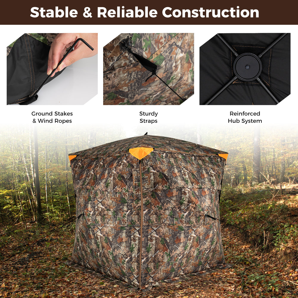Reinforced hub system and sturdy straps of the 3-4 person hunting blind ensure reliable setup and stability in any.