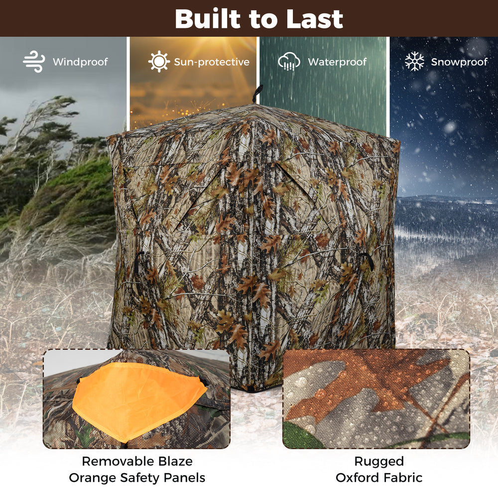 3-4 person hunting blind with camouflage pattern, removable orange safety panels, and waterproof oxford fabric for.