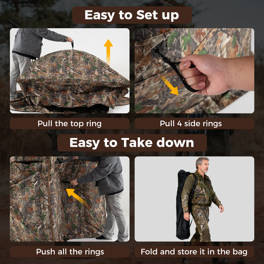 3-4 person hunting blind with camouflage pattern, showcasing easy setup and takedown features for stealthy hunting.