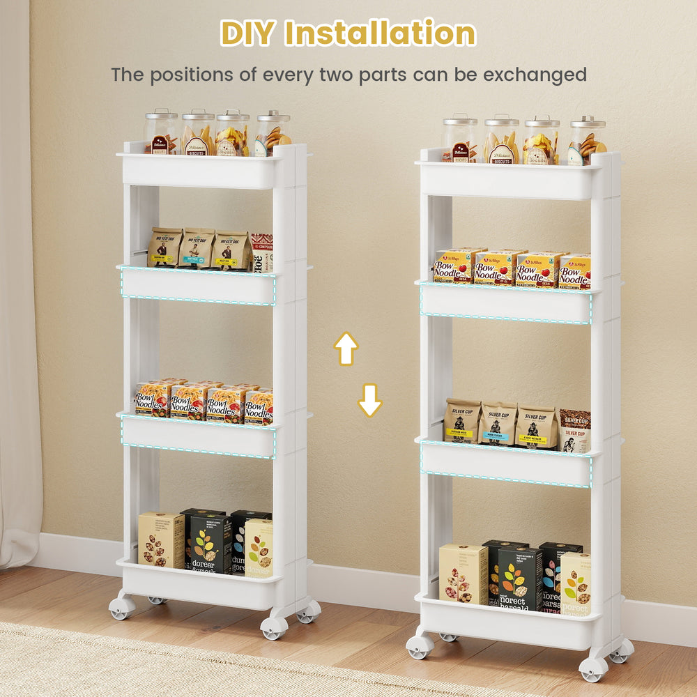 4-tier rolling utility cart with detachable trays, smooth wheels, and customizable assembly for efficient storage in.