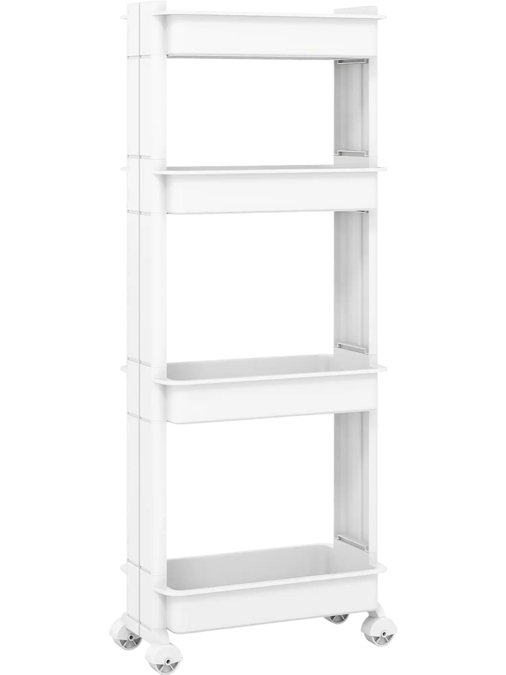 4-tier rolling utility cart in white with detachable trays, smooth wheels, ideal for organizing kitchens and living.