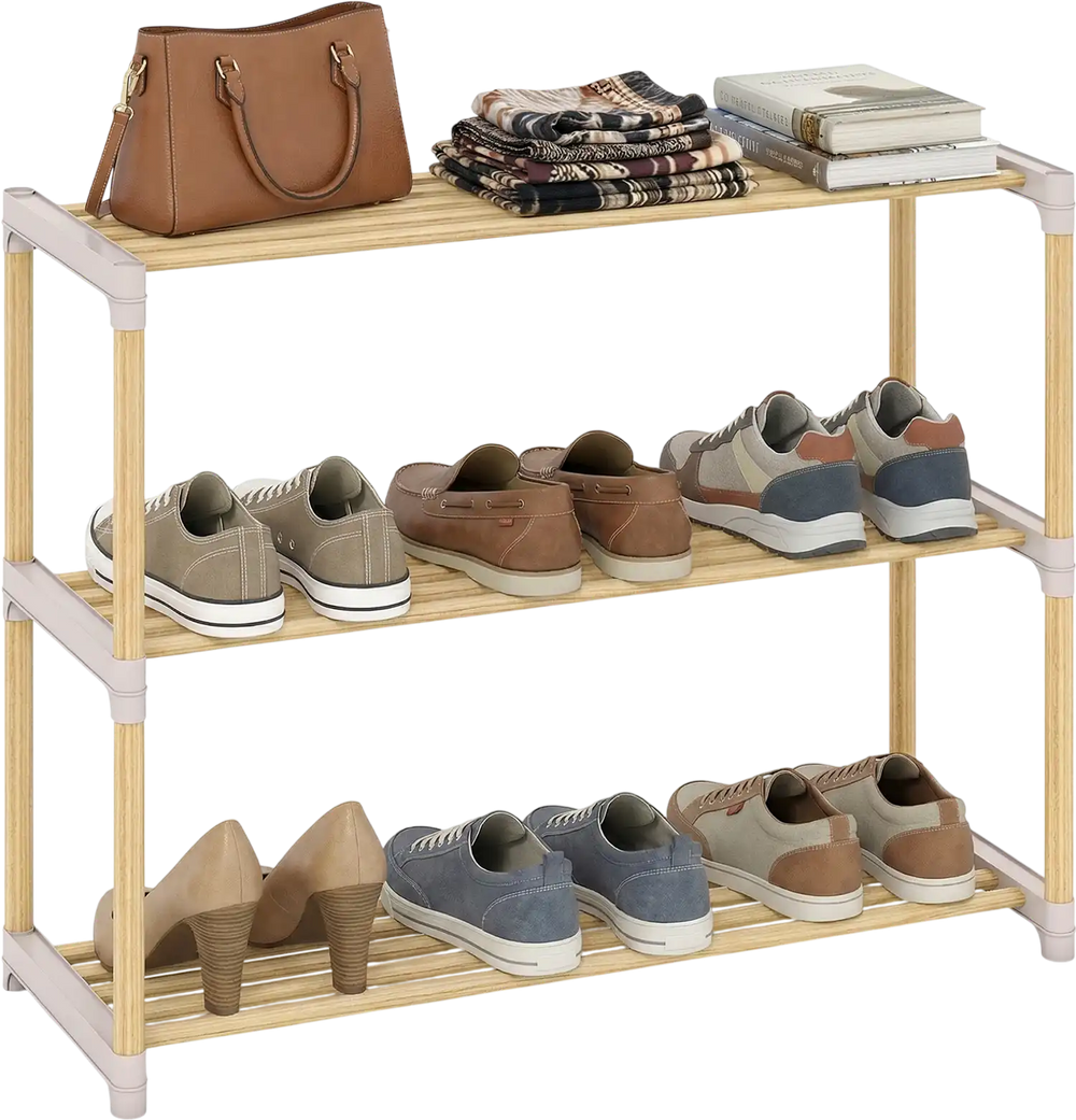 3-tier solid wood shoe rack with slatted open shelves, featuring a natural wood finish, ideal for entryways and closets.
