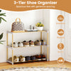 3-tier shoe organizer with natural wood finish, spacious slatted shelves for sneakers, boots, and sandals in entryway.
