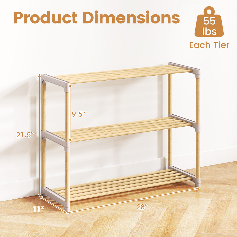 3-tier solid wood shoe rack with slatted open shelves, natural wood finish, dimensions 28" x 11" x 21.5", perfect for.