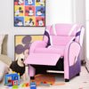 Kids leather recliner chair in pink with adjustable footrest and side pockets, perfect for reading or watching TV.