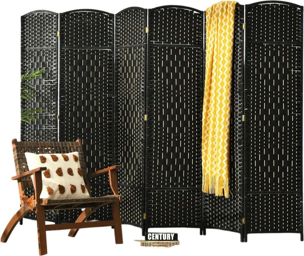 6-panel black fiber room divider screen, 6.5 ft tall, ideal for creating private spaces in living or dining areas.
