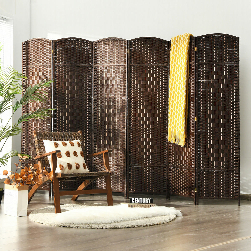 6.5Ft 6-Panel Weave Folding Fiber Room Divider Screen-Brown - Gallery View 1 of 12