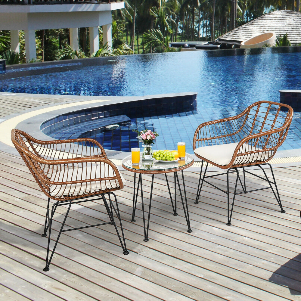 3 Pieces Patio Rattan Bistro Set with Cushion-White - Gallery View 1 of 11