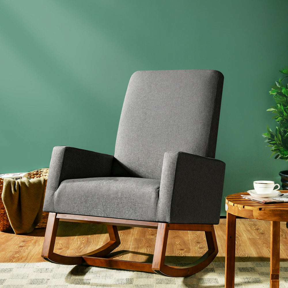 Rocking High Back Upholstered Lounge Armchair with Side Pocket-Gray - Gallery View 1 of 12
