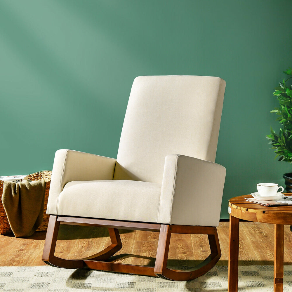 Rocking High Back Upholstered Lounge Armchair with Side Pocket-Beige - Gallery View 1 of 12