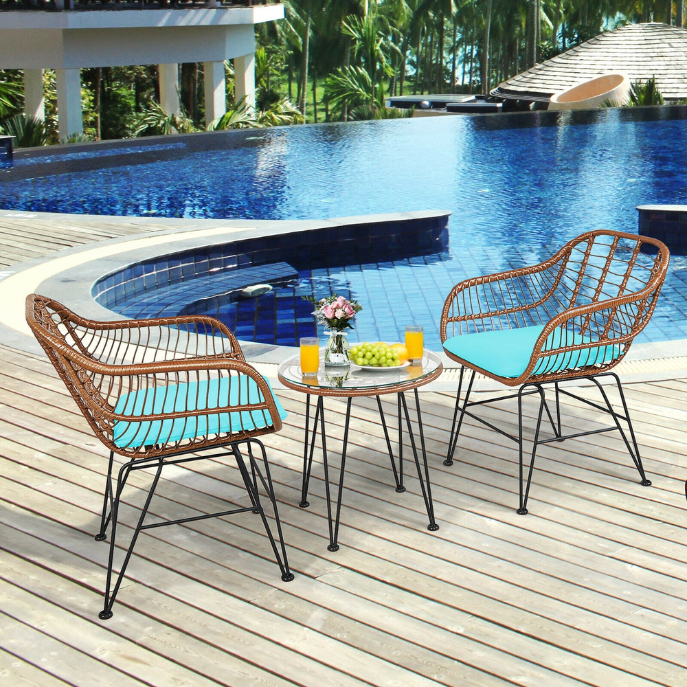 3 Pieces Patio Rattan Bistro Set with Cushion-Turquoise - Gallery View 1 of 12
