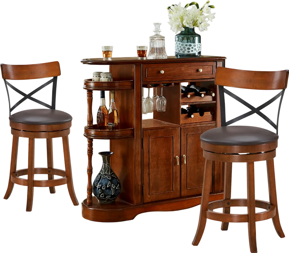 Set of 2 swivel bar stools with rubber wood legs and cushioned seats, perfect for kitchens or bars.