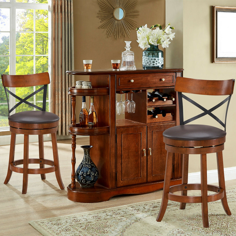 Set of 2 Bar Stools 360-Degree Swivel Dining Bar Chairs with Rubber Wood Legs-25 inch - Gallery View 1 of 12