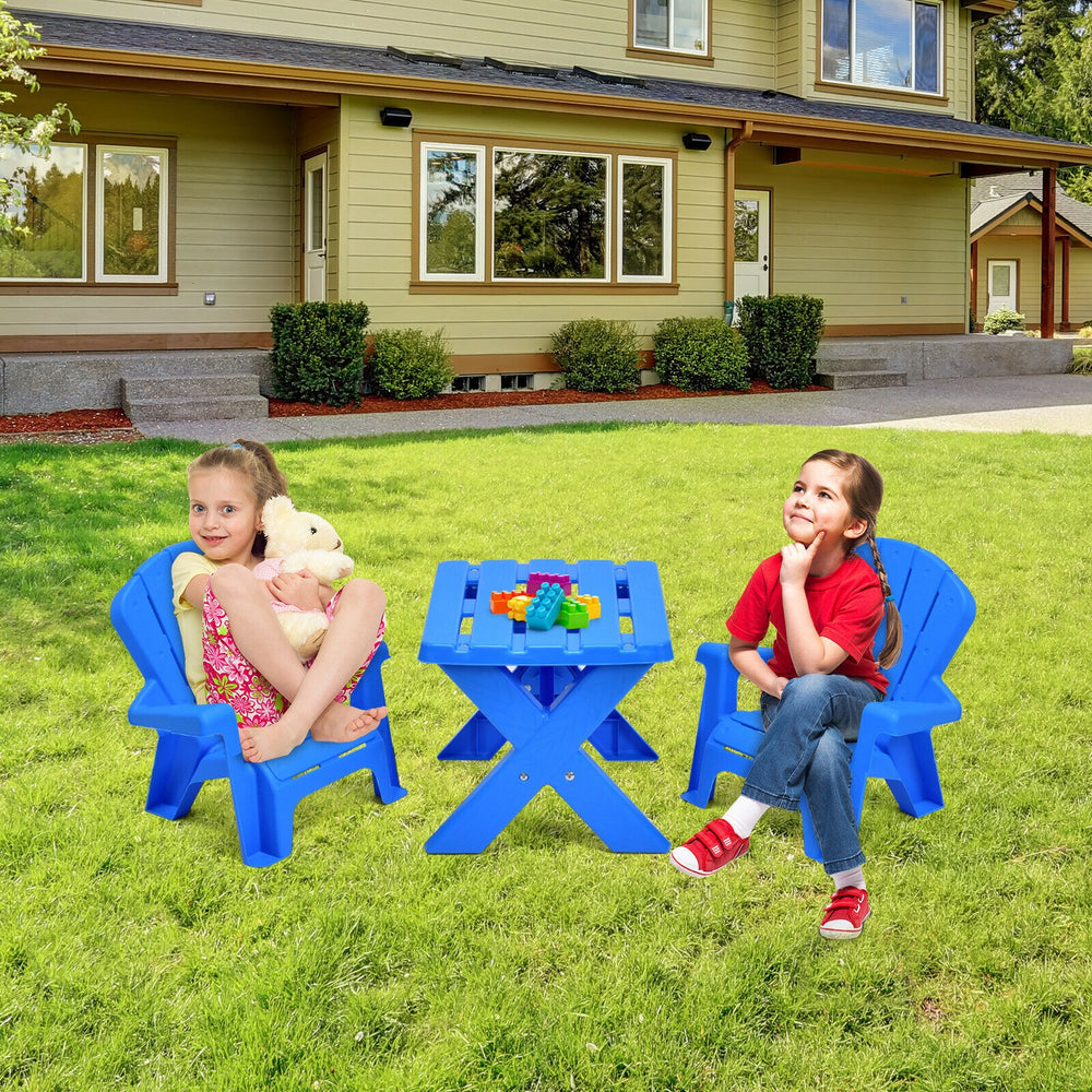 Blue 3-piece plastic children table and chair set with two chairs, perfect for arts, crafts, and playtime activities.