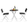 Three-piece patio folding bistro set with black tempered glass table and textile fiber chairs, ideal for outdoor spaces.