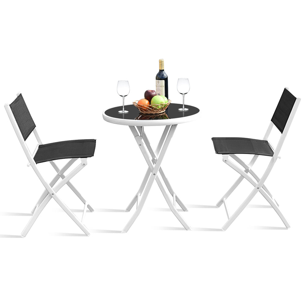 Three-piece patio folding bistro set with black tempered glass table and textile fiber chairs, ideal for outdoor spaces.