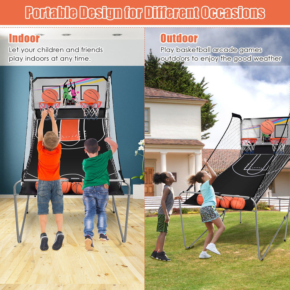 Foldable double electronic basketball game with two hoops and four balls, perfect for indoor and outdoor fun.