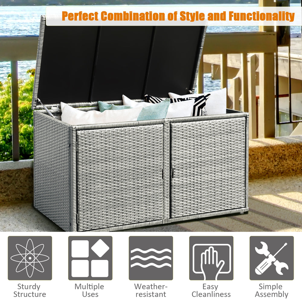 Rattan storage container box with 88-gallon capacity, weather-resistant design, ideal for patio and garden organization.