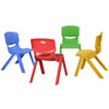 Colorful stackable plastic children chairs in blue, red, green, and yellow, perfect for playroom and daycare use.