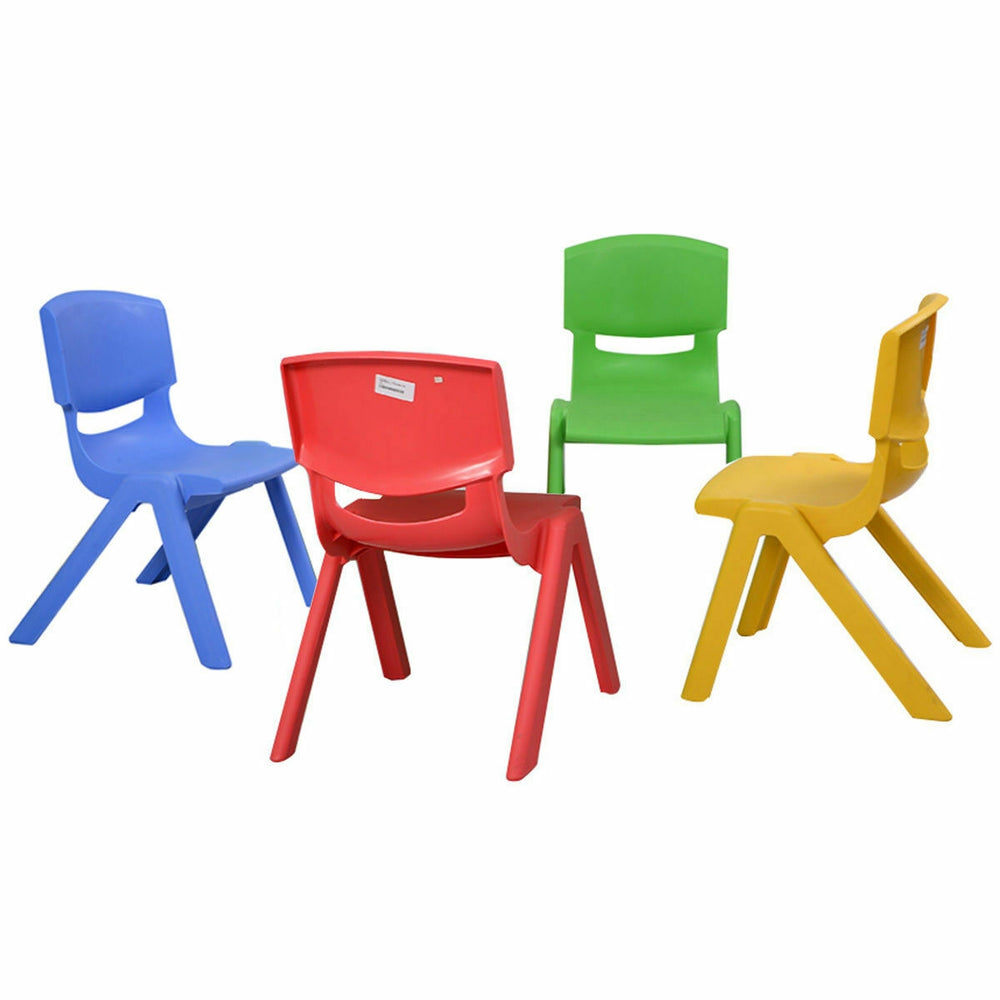 Colorful stackable plastic children chairs in blue, red, green, and yellow, perfect for playroom and daycare use.