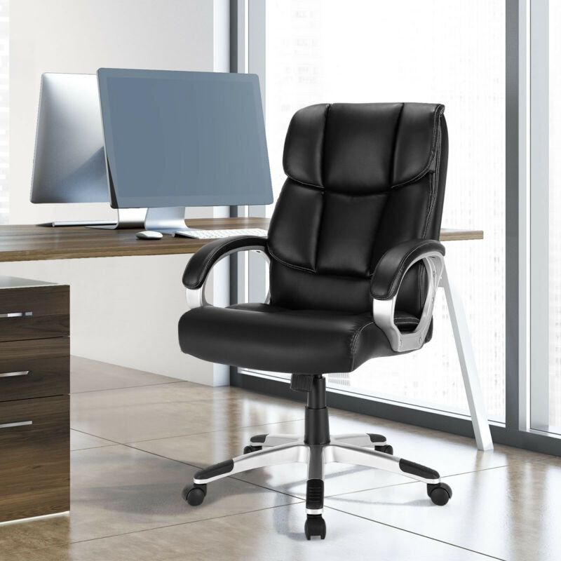 Big and tall adjustable high back leather executive computer desk chair with ergonomic design for ultimate comfort.