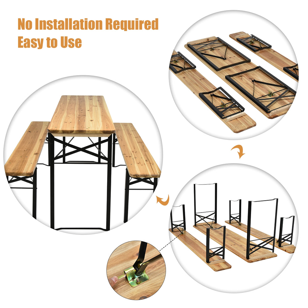 Folding wooden picnic table and bench set with solid fir wood and anti-rust steel frame, ideal for indoor and outdoor.