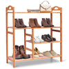 Four-tier bamboo shoe rack showcasing various shoes, ideal for entryway storage and organization.