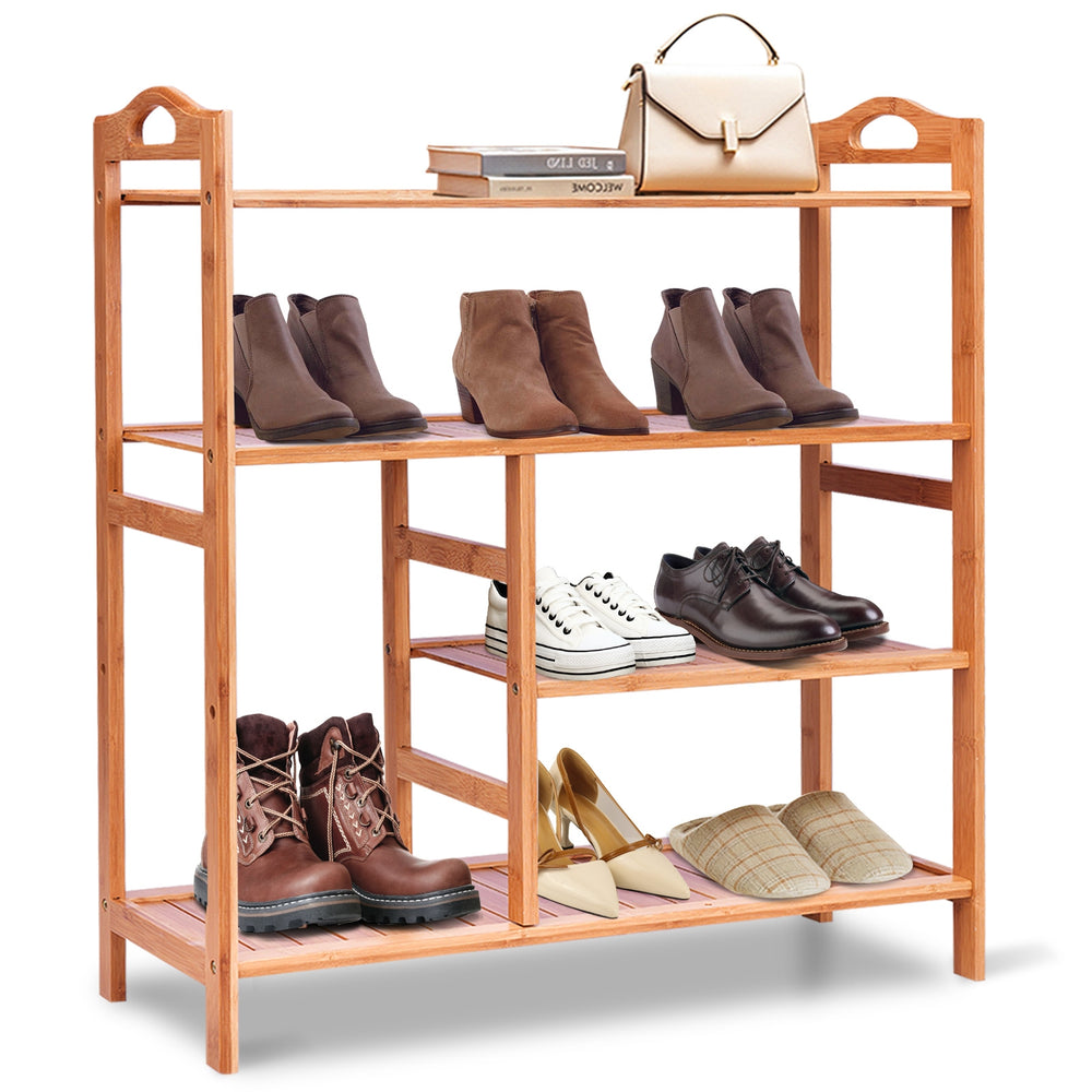 Four-tier bamboo shoe rack showcasing various shoes, ideal for entryway storage and organization.