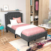 Twin upholstered platform bed with button-tufted headboard, soft fabric, and 8-inch under-bed storage for a tidy room.