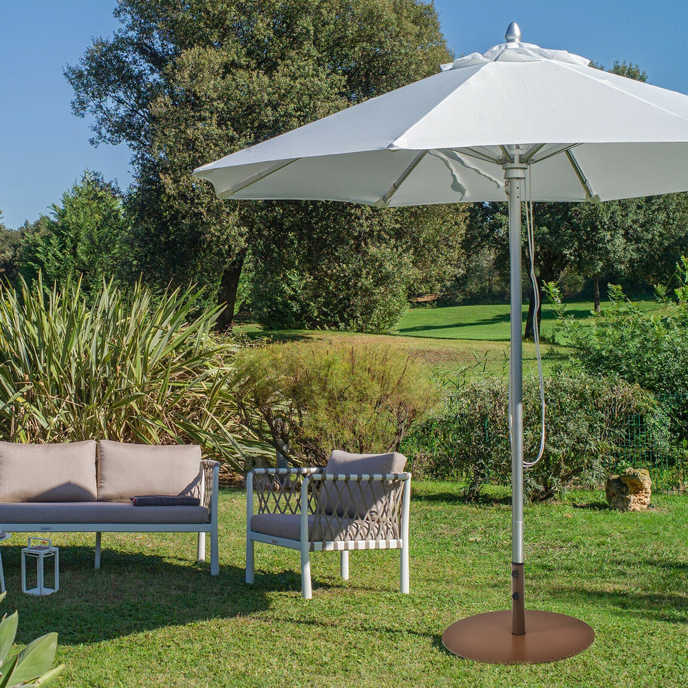 Heavy-duty 29.5-inch outdoor steel umbrella base stand with 2 hand tightening knobs for stability in windy conditions.