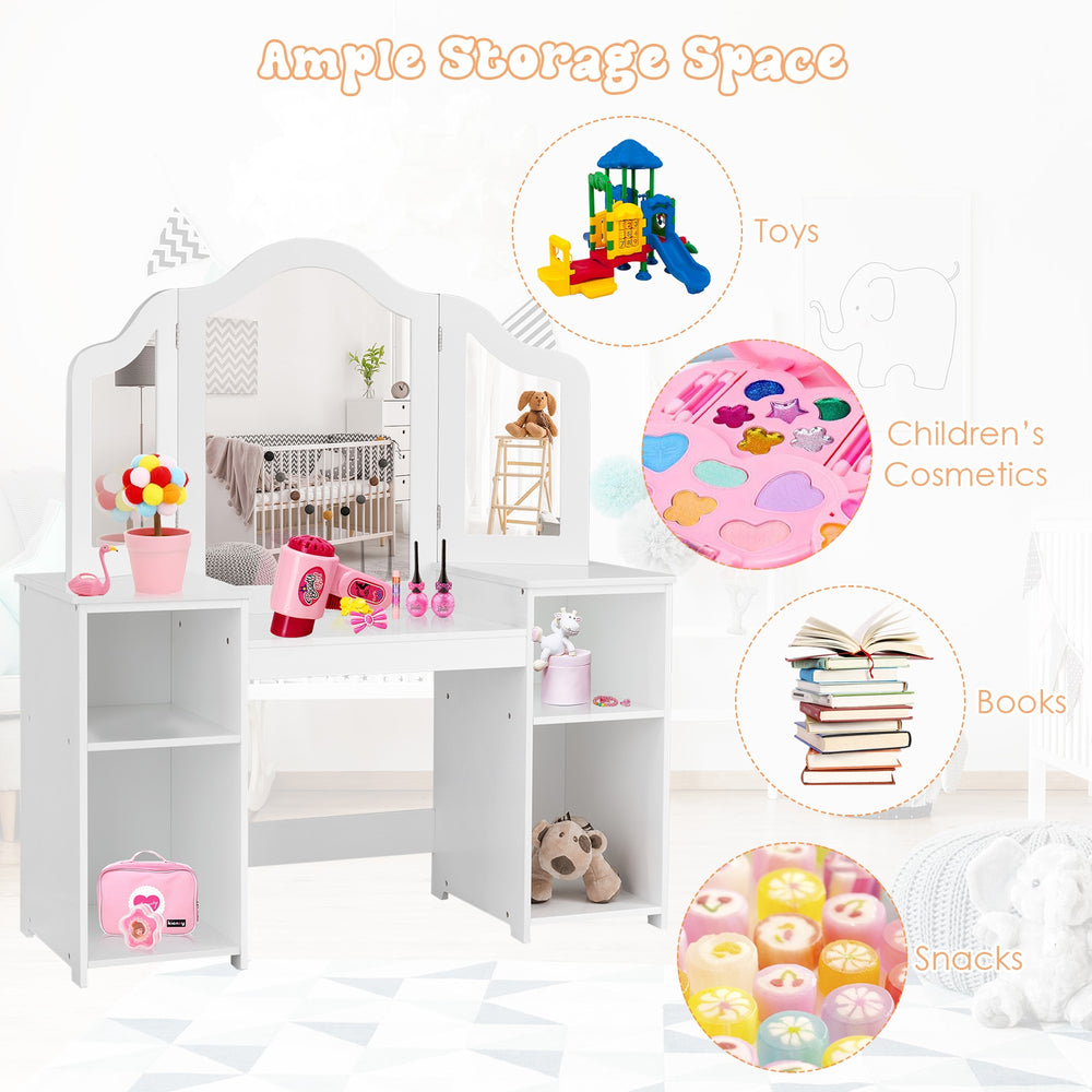 Kids tri-folding mirror vanity table in white with four storage compartments for toys, books, and cosmetics.
