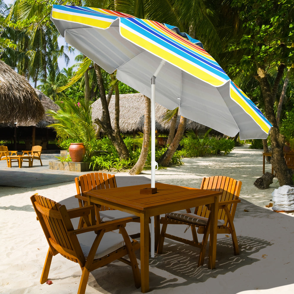7.2ft multicolor beach umbrella with tilt mechanism and sand anchor, perfect for poolside or beach shade.