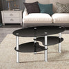 Tempered glass oval coffee table with two bottom shelves, featuring a sleek black design for stylish living room decor.