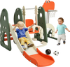 Toddler slide and swing set in orange with basketball hoop, football gate, and adjustable swing for active play.