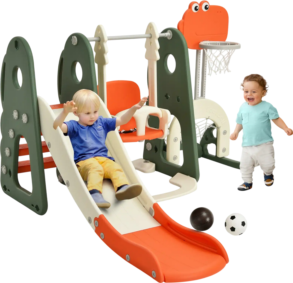 Toddler slide and swing set in orange with basketball hoop, football gate, and adjustable swing for active play.